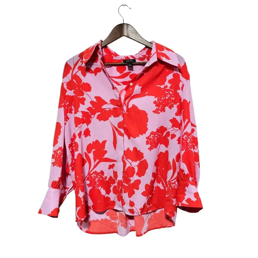 Halogen Button-Up Blouse Women's Size 1 (L) Pink Orange Floral Maximalist Boho - Picture 2 of 7
